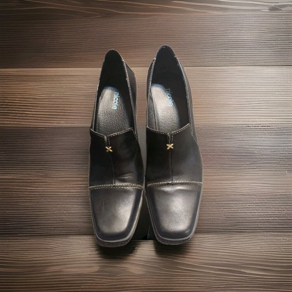 NICOLE Black Leather Block Heels SILVIUS Womens 7M Dress Shoes Brazil Slip On